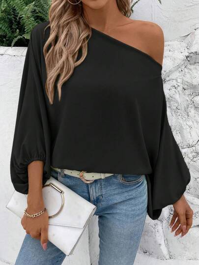 Calvaya Solid asymmetrisk hals Batwing ärm Blus One Shoulder Topp