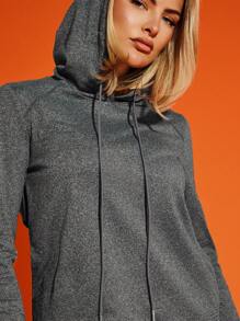 VARSITIE Raglan Sleeve Drawstring Hooded Sports Sweatshirt - Dark Grey - View 6