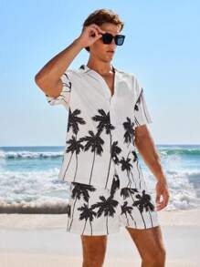 Manfinity Conjunto de camisa de manga corta y pantalones cortos casuales para hombre, conjunto de playa con estampado aleatorio, ropa de playa con gráficos, para vacaciones en la playa - Blanco - Ver 6