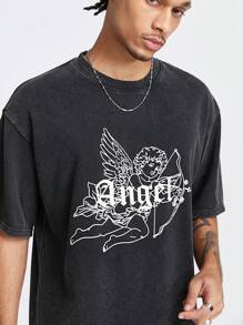 Manfinity VCAY Playera de manga corta con estampado de copos de nieve para hombre con letras en inglés y diseño de ángel pequeño, ajuste holgado, adecuada para el verano