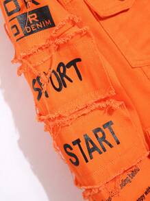 Manfinity Homme Men's Long Sleeve Spring And Autumn Casual Denim Jacket With Slogan Print And Frayed Edge - Orange - View 5