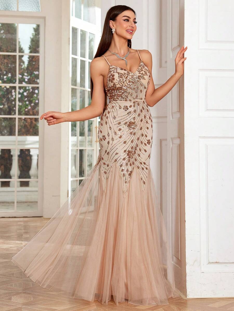 Mgiacy Sparkly V-Neck Slim-Fit Fish-Tail Long Dress With Spaghetti Straps - Champagne - View 1