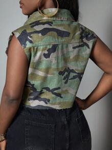 SHEIN Slayr Camo Print Button Front Crop Denim Vest - Army Green - View 2