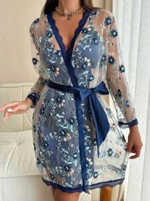 SilkySpell Flower Embroidered Sexy Cami Sleep Dress And Belted Robe Pajama Set, Fall Winter Clothes - Navy Blue - View 5