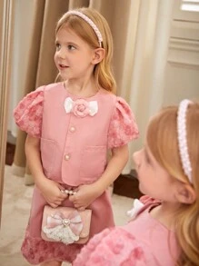 Young Girls Contrast Floral Appliques Mesh Puff Sleeve Bow Front Blouse & Skirt For Summer - Pink - View 3