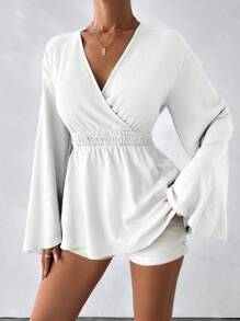 LUNE VCAY Women's V Neck Back Tie Gathering Waist Detailed Special Summer Fabric Blouse - White - View 1