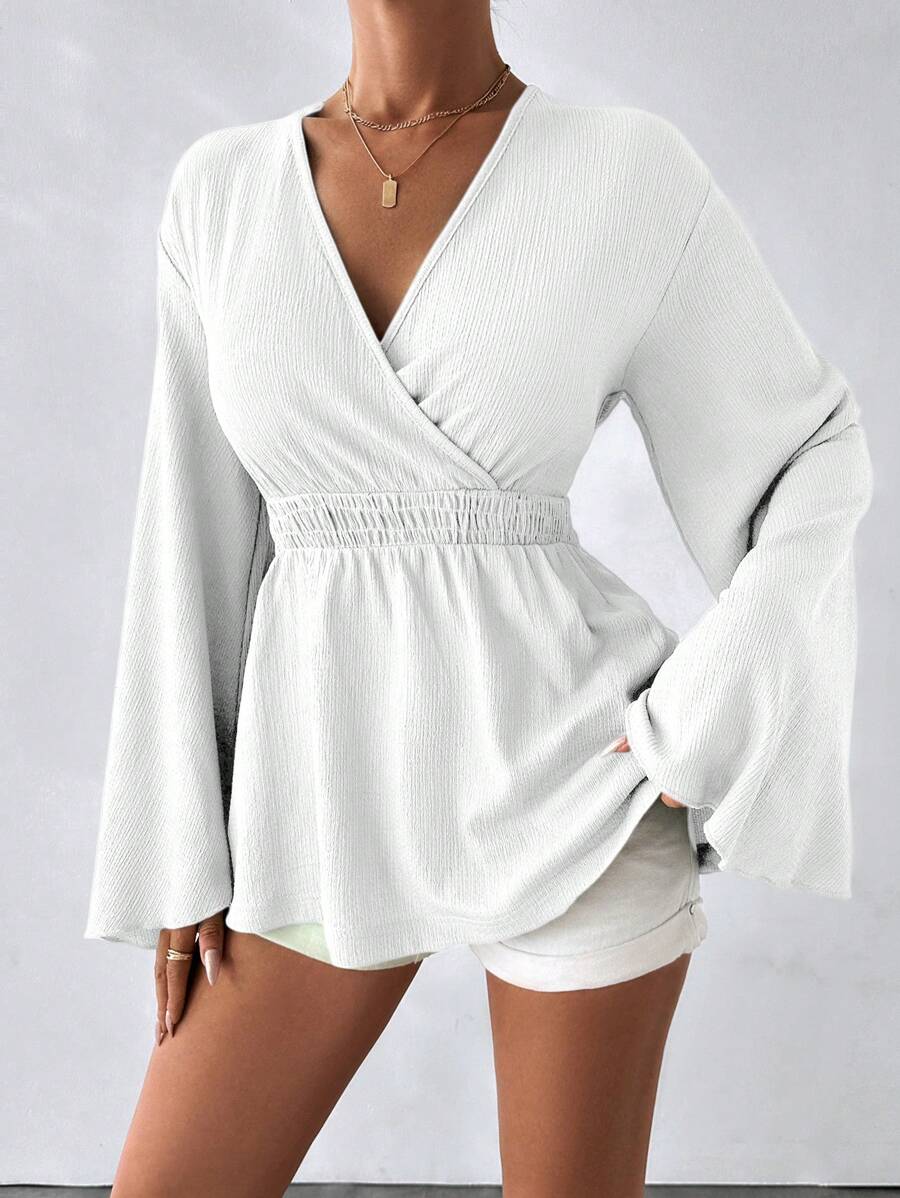 LUNE VCAY Women's V Neck Back Tie Gathering Waist Detailed Special Summer Fabric Blouse - White - View 1