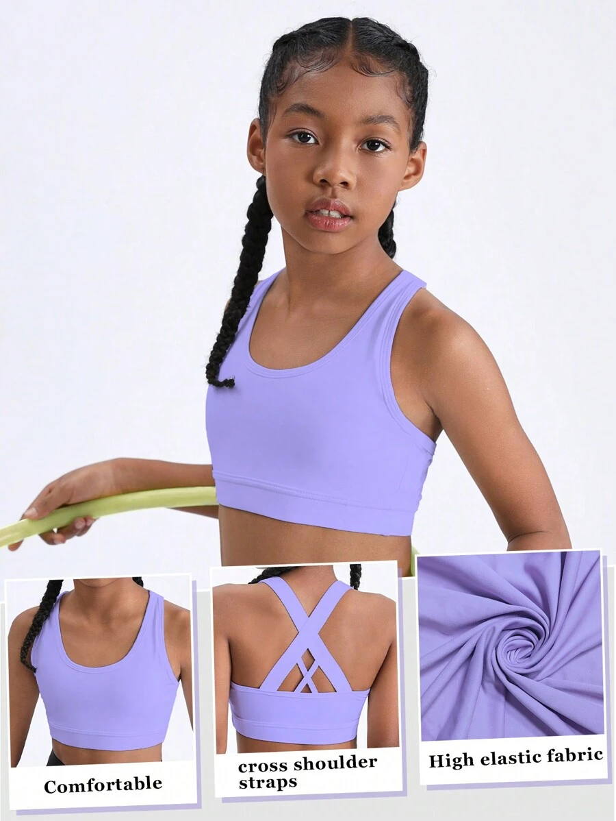 SHEIN Áo crop top ngắn màu trơn hình chữ thập màu hoa oải hương cho bé gái tuổi mới lớn, thích hợp để chạy bộ, tập thể dục, nhảy dây và tập yoga - Màu tím hoa cà - Xem 1