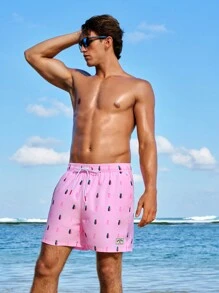 Manfinity Men's Pineapple Print Drawstring Waist Loose Fit Beach Shorts For Vacation