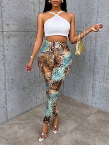 BamGleam Colorful Leopard Digital Printed Sexy Tight Leggings For Home Wear Fall Cloth For Women - Blue - View 5