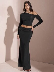 SHEIN BAE Women's Solid Color Asymmetric Neckline Long Sleeve Pleated Top + Long Skirt Set - Black - View 2