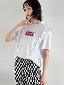 FRIFUL Ladies' Summer Round Neck Short Sleeve T-Shirt With Frill Edging And Letter Print,Ruffle Cute Tops,Graphic Tees