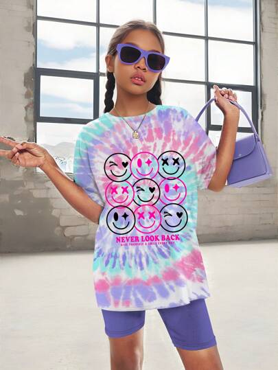 SHEIN Leap Crew SLAYR KIDS Tie-Dyed Smile Face, 2pcs Tween Girls' Casual Simple Short Sleeve T-Shirt And Shorts Set, Summer