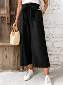 SHEIN Frenchy Paperbag Waist Belted Wide Leg Pants - Black - View 3