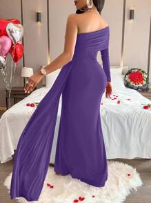 AIJ Amarilo Solid Color Asymmetric Neckline Ruffle Elegant Long Sleeve Dress - Purple - View 2