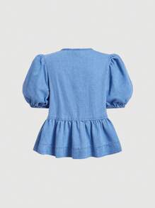 SHEIN MOD 90 年代时尚女士复古服装、圆领衬衫、泡泡袖甜美蓝色牛仔短袖上衣、蝴蝶结衬衫、返校服装、秋装、巡游女装、女士衬衫、秋季上衣、泡泡衬衫、蝴蝶结衬衫、校服衬衫、浅蓝色衬衫、返校节衬衫、生日服装