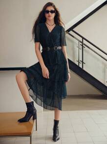 MOTF PREMIUM SOLID SURPLICE NECK LAYERED RUFFLE HEM PLISSE DRESS