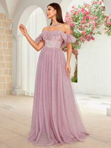 Mgiacy Off-Shoulder Romantic Floral Embroidery Mesh Splice Dress With Ruffled Sleeves - Pink - View 5