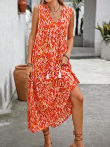 Breezaya Women's Random Printed Sleeveless Casual Dress, Simple Style For New Year Clothes Maxi Vacation Beach Outfit - Red - View 3