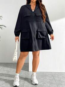 SHEIN EZwear Plus Size Front Zipper Multi-Pocket Hooded Jacket In Fall/Winter