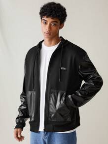 Manfinity VCAY 男士梭织时尚休闲连帽夹克，宽松长袖，拼色设计，适合秋冬季日常穿着 - 黑色 - 查看 5