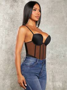 SHEIN SXY Contrast Mesh Bustier Cami Bodysuit - Multicolor - View 5