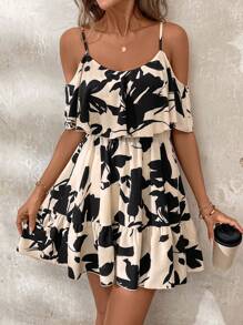 SHEIN Clasi Elegant Open Shoulder V-Neck Lotus-Leaf Two-Tone Floral Women's Dress