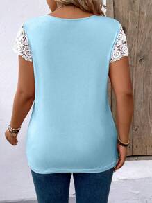 SHEIN LUNE Áo thun tay ngắn họa tiết ren khối màu thường ngày cỡ lớn mùa hè - Màu xanh lam - Xem 2