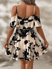 SHEIN Clasi Elegant Open Shoulder V-Neck Lotus-Leaf Two-Tone Floral Women's Dress