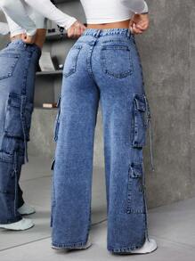 SHEIN ICON Women's Washed Workwear Straight Leg Jeans - Dark Wash - View 2