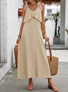 SHEIN LUNE Women's Elegant And Gentle Spaghetti Strap Backless Ruffle Hem Sleeveless Dress - Apricot - View 1