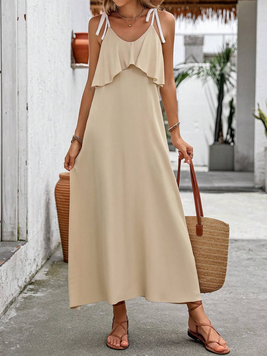 SHEIN LUNE Women's Elegant And Gentle Spaghetti Strap Backless Ruffle Hem Sleeveless Dress - Apricot - View 1