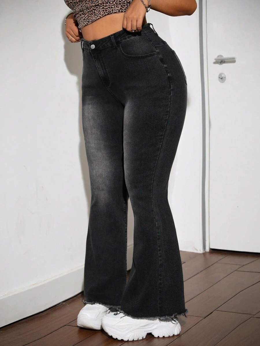 SHEIN ICON Black Plus Size Jeans High Waist Skinny Flared Pants American Retro Hot Girl Outfit Flare Leggings Casual Outfit Stretch Clothing