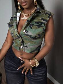 SHEIN Slayr Camo Print Button Front Crop Denim Vest - Army Green - View 6