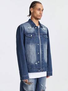 Chillumni Men's Deep Blue Ripped Denim Streetwear Set