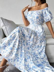 SHEIN Privé Ladies' Blue And White Floral Off Shoulder Puff Sleeve Long Summer Dress - Blue and White - View 1