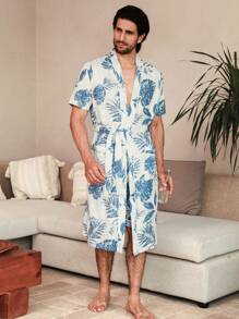 Manfinity Underwear&Sleepwear Basics Men's Random Print Simple Daily Short Sleeve Shorts, Loungewear - Baby Blue - View 3