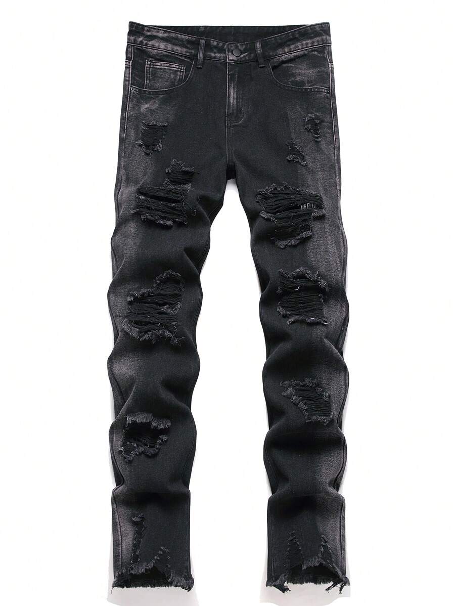 Chillumni Men Ripped Frayed Raw Trim Jeans - Black - View 1