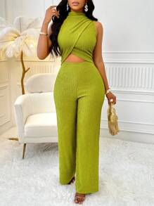 SOLERSUN Enterizo de pierna ancha para mujer con cintura hueca y detalles de pliegues - Verde - Ver 3