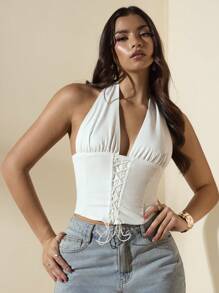 SHEIN BAE Sommer Frauen Fischgrät Elegantes weißes Tanktop im französischen Stil mit Trägern