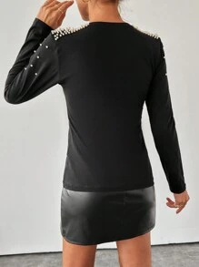 EURMUSE Damen Frühling/Sommer T-Shirt mit Rundhalsausschnitt, langärmlig, schlank und elegant mit Kunstperle Details - Schwarz - Übersicht 4