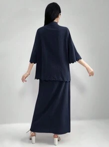 Mulvari Bộ 2 món áo khoác trễ vai trơn và váy hai dây cho mùa hè - Màu xanh hải quân - Xem 9