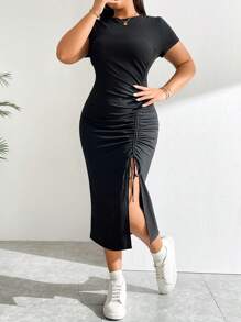 SHEIN Essnce 大码女式夏季休闲修身舒适开衩收褶抽绳黑色连衣裙，修身连衣裙，夏季女装，中长连衣裙，长款紧身连衣裙，返校装，曲线加大码 - 黑色 - 查看 6