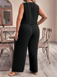 SHEIN VCAY 夏季大碼無袖單排扣背心和寬鬆褲兩件套 - 黑色 - 查看 2