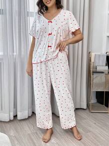 CottageSlumber مجموعة بيجامات للمرأة البدينة مكونة من ملابس علوية قصيرة الأكمام مزينة بفيونكة كبيرة وبنطلون، مع طبعات قلوب صغيرة، باللون الأبيض