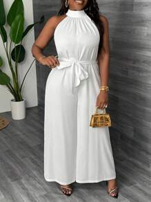 Slaydiva Plus Size Vacation White High Neck Wide Leg Split Front Tie Waist Jumpsuit - White - View 1