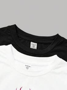 SHEIN Girlism Tween Girl 2 件套万圣节套装，红色休闲圆领长袖 T 恤，带有简单的蜘蛛图案