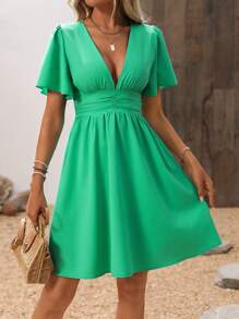 Chiquease Deep V-Neck Tie-Waist Short Vacation Dress - Green - View 5