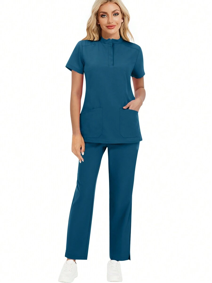 cimmuovere Solid Color Half-Zipper Short Sleeve Top With Pockets And Long Pants Scrubs  Uniform Set - Teal Blue - View 1