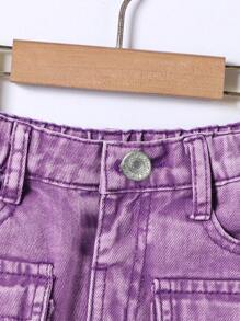 Young Girl Vintage Street Style Ripped Distressed Light Wash Straight Leg Cargo Jeans With Multiple Pockets - Purple - View 6